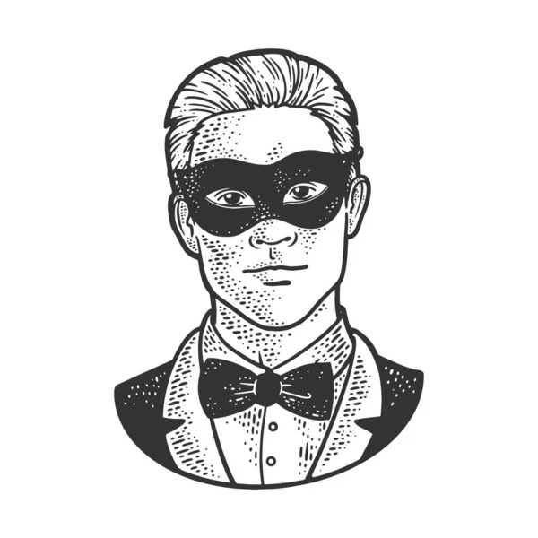 Hombre en máscara de mascarada negro boceto grabado vector ilustración. Diseño de estampado de ropa de camiseta. Scratch board imitación. Imagen dibujada a mano en blanco y negro. — Archivo Imágenes Vectoriales