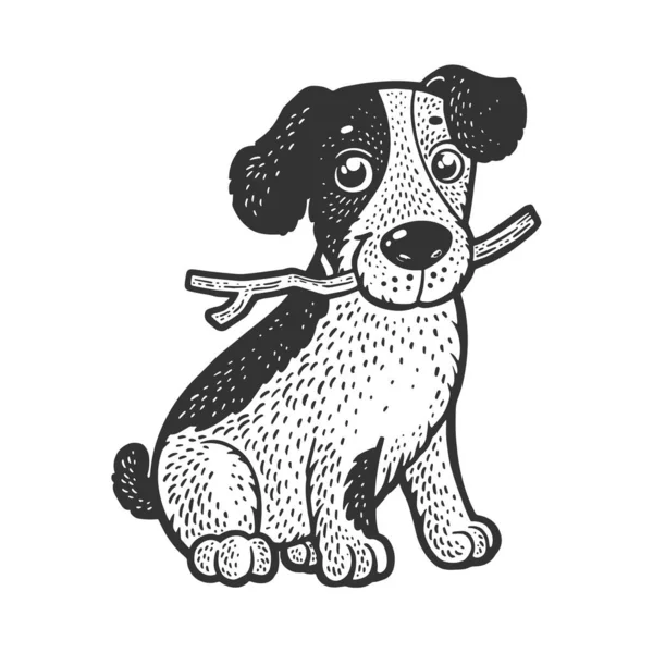 Bonito filhote de cachorro com vara esboço gravura vetor ilustração. T-shirt design de impressão de vestuário. Imitação de raspadinha. Imagem desenhada à mão preto e branco. —  Vetores de Stock