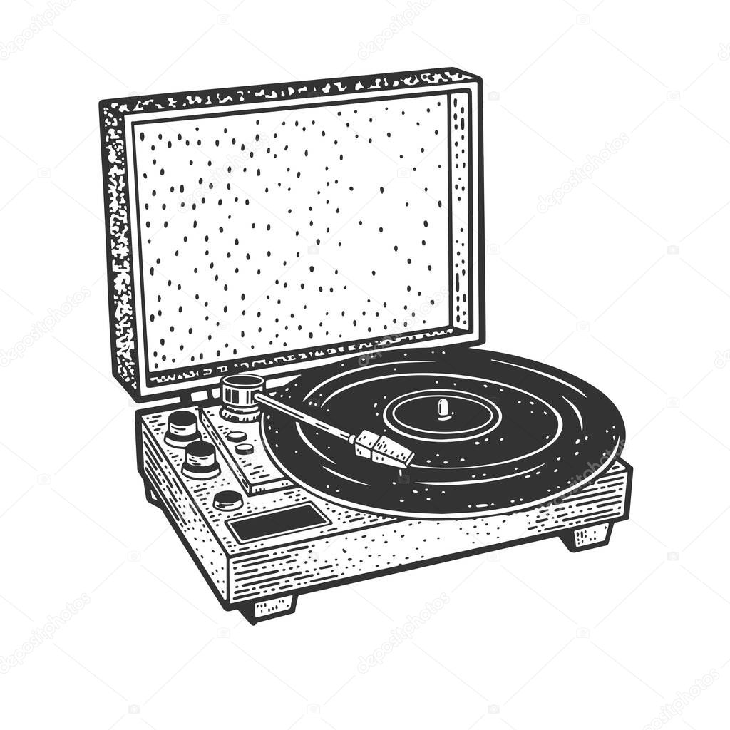 Turntable Record player sketch engraving vector illustration. T-shirt apparel print design. Scratch board imitation. Black and white hand drawn image.