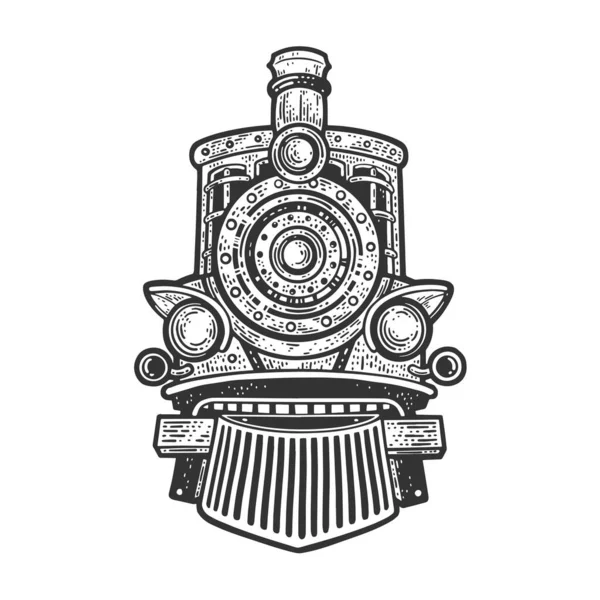 Locomotiva a vapor esboço gravura vetor ilustração. T-shirt design de impressão de vestuário. Imitação de raspadinha. Imagem desenhada à mão preto e branco. —  Vetores de Stock