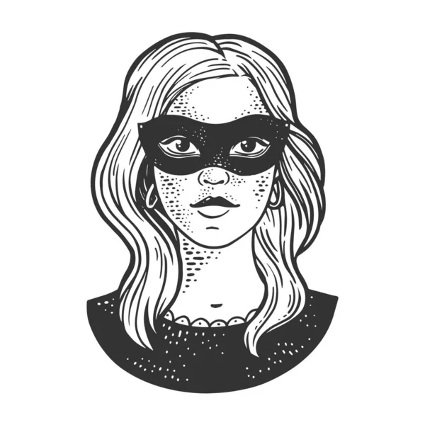 Νεαρή κοπέλα σε μαύρο μασκαράτα μάσκα σκίτσο χαρακτική διάνυσμα εικονογράφηση. Σχεδιασμός εκτύπωσης ρούχων T-shirt. Απομίμηση χαρτονιού. Ασπρόμαυρη ζωγραφισμένη στο χέρι εικόνα. — Διανυσματικό Αρχείο