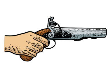 El boyası çiziminde çakmaklı kuku tabancası. Resim, PNG çizimi. Tişört giysisi baskısı tasarımı. Çizik tahtası taklidi. Siyah beyaz el çizimi resim.