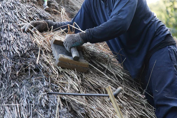 Bir zanaatkar sazdan çatıyı tamir ediyor.