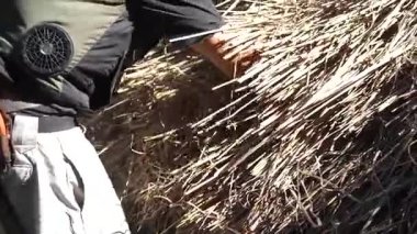 Bir zanaatkar sazdan çatıyı tamir ediyor.