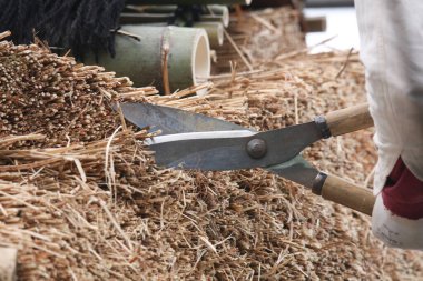 Bir adam sazdan çatıyı buduyor