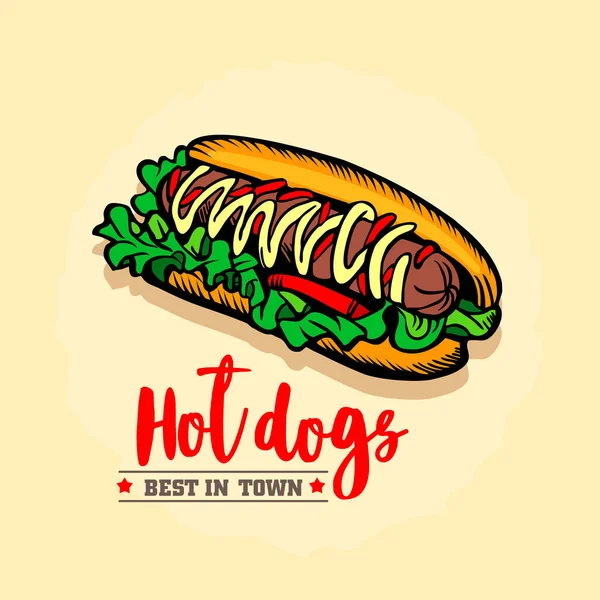 Hot Dog Ison Emblema Vettoriale Del Fast Food Design Retrò — Vettoriale Stock