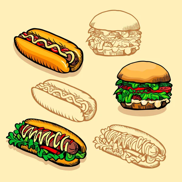 Conjunto Fast Food Ilustração Vetorial Hambúrgueres Cachorros Quentes Design Retrô —  Vetores de Stock