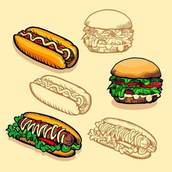 一套快餐 汉堡和热狗的矢量插图 复古设计 免版税图库矢量图片