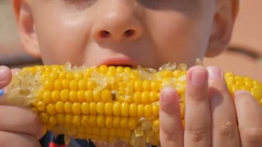 Mısır deniz sahilde yemek aç oğlum. Haşlanmış Mısır üzerinde odaklanın. Yakın çekim.