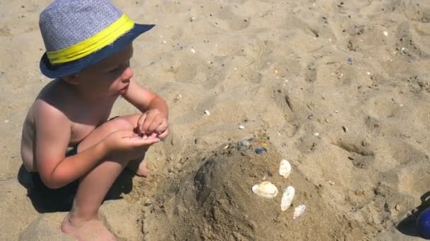 Garçon s'amuser à jouer avec des jouets et à construire des châteaux de sable sur la plage . — Video