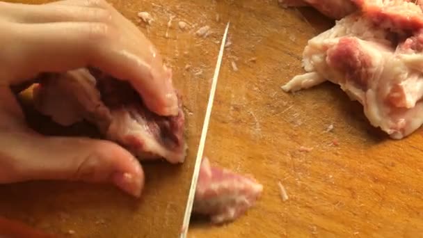 Frau schneidet Fleisch mit Messer auf Schneidebrett in kleine Stücke. — Stockvideo