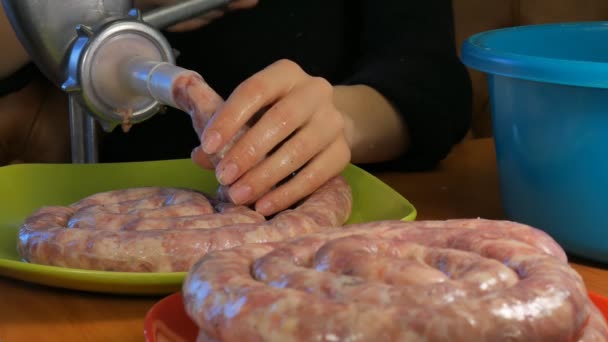 Producción casera de salchichas. Poner salchichas intestinales — Vídeo de stock