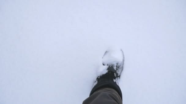 Primo piano di piedi di uomo che camminano sulle montagne nella neve. Mans gambe cadono attraverso la neve . — Video Stock