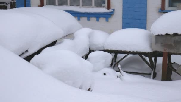 Snöfall i gården av ett privat hus i byn. — Stockvideo