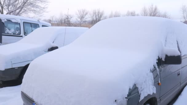 Coche cubierto de nieve, bajo una severa tormenta de invierno. Coches en el patio bajo la nieve . — Vídeos de Stock