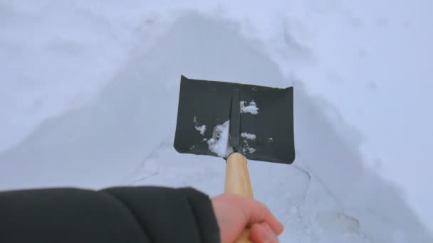 경로에서 눈이 삽질 하는 사람. 눈보라 후 보도에서 눈 삽으로 눈을 제거. — 비디오