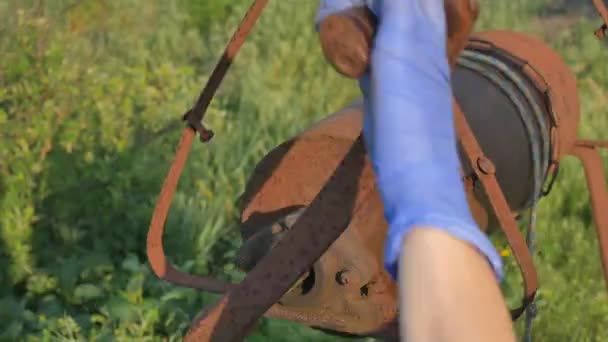 Woman drops chain with bucket into rustic well to draw water. — Stock Video