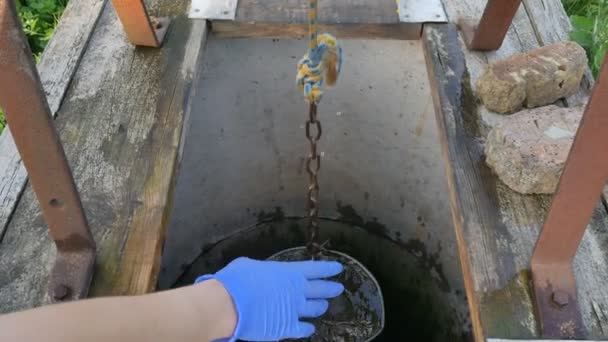 Žena upustí řetěz s vědrem do rustikální studny, aby čerpala vodu. Dívka nalévá vodu do kbelíku. — Stock video
