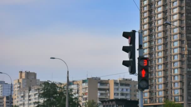 Vermelho, e verde moderno semáforo com um temporizador na cidade. A paisagem urbana no fundo. Contagem regressiva no semáforo — Vídeo de Stock