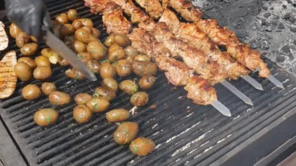 El proceso de cocción de kebabs y papas sobre las brasas — Vídeo de stock