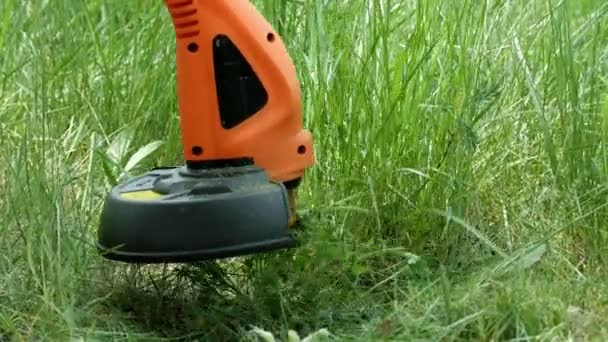 Moderní elektrický oranžový trimmer s černými detaily seká zelenou trávu. Detailní záběr. — Stock video