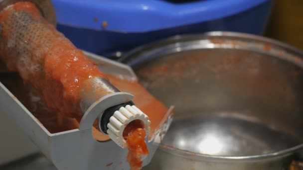 Making homemade fresh tomato juice with electric machine. Separation of bark and seeds from tomatoes juice. — Stock Video