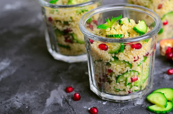 Couscous Salad in a Jar with Pomegranate, Mint and Cucumbers, Healthy Homemade Food, Vegan Meal