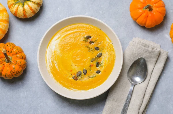 Soupe Citrouille Crème Graines Potiron Aneth Délicieux Repas Vue Sur — Photo