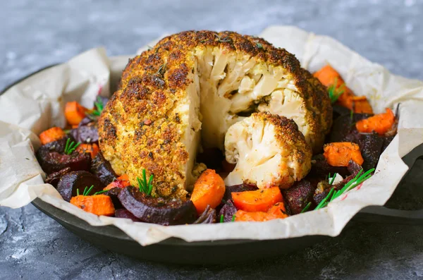 Whole Roasted Cauliflower with Vegetables, Vegan Dinner and Alternative to Roasted Chicken