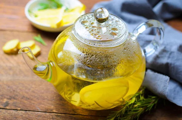 Healthy Ginger Tea Lemon Rosemary Honey Glass Teapot Dark Wooden — Stock Photo, Image