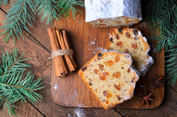 Obstkuchen Mit Puderzucker Bestäubt Weihnachts Und Winterfreuden Hausgemachter Kuchen Mit — Stockfoto