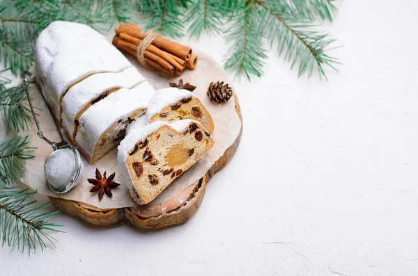 Christmas Stollen Traditional Fruit Loaf Cake Festive Dessert Marzipan Raisins — Stock Photo, Image
