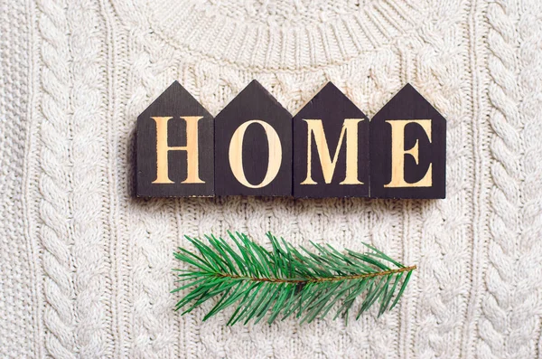 Cozy Home Winter Concept Home Letters Beige Knitted Sweater Fir — Stock Photo, Image