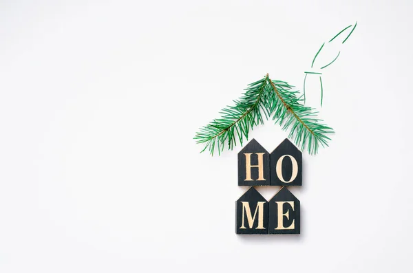 Cozy Home Concept Letters Fir Branches Forming Shape House Creative — Stock Photo, Image