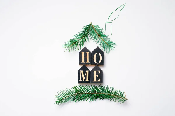 Cozy Home Concept Letters Fir Branches Forming Shape House Creative — Stock Photo, Image