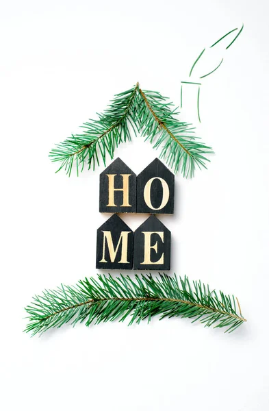 Cozy Home Concept Letters Fir Branches Forming Shape House Creative — Stock Photo, Image