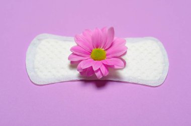 Kadının hijyenik ped ve Gerbera papatya çiçek pembe arka plan, kadın hijyen kavramı üzerinde