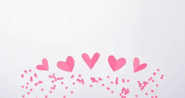 Pink Paper Hearts White Background Copy Space Top View — Stock Photo, Image