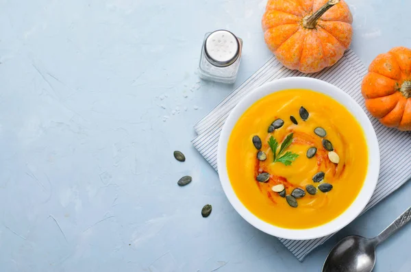 Soupe Citrouille Aux Graines Citrouille Paprika Délicieux Repas Végétalien Nourriture — Photo