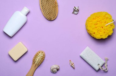 Banyo öğeler kavramı, sünger, şampuan veya duş jeli, saç fırçası, ponza taşı, üstten görünüm, düz Lay