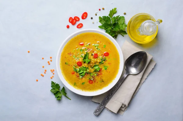 Lentil Vegetable Soup, Homemade Soup on Bright Background, Vegetarian Food, Top View