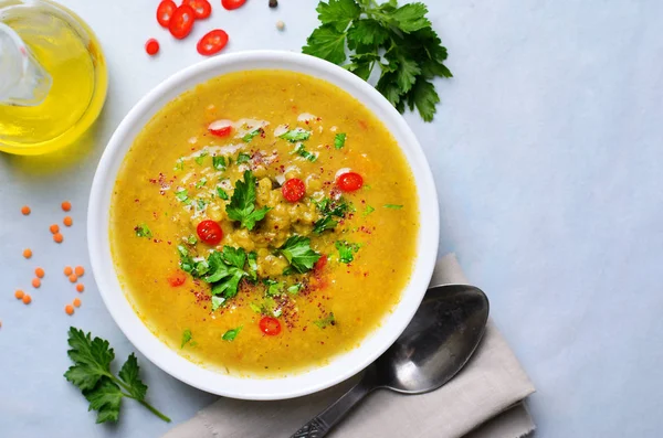 Lentil Vegetable Soup, Homemade Soup on Bright Background, Vegetarian Food, Top View — Stock Image Lentil Vegetable Soup Homemade Soup Bright Background Vegetarian Food Top Stock Image