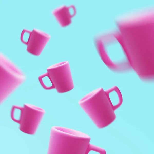 空气中漂浮的粉红杯, 3d 渲染, 咖啡杯 — 图库照片