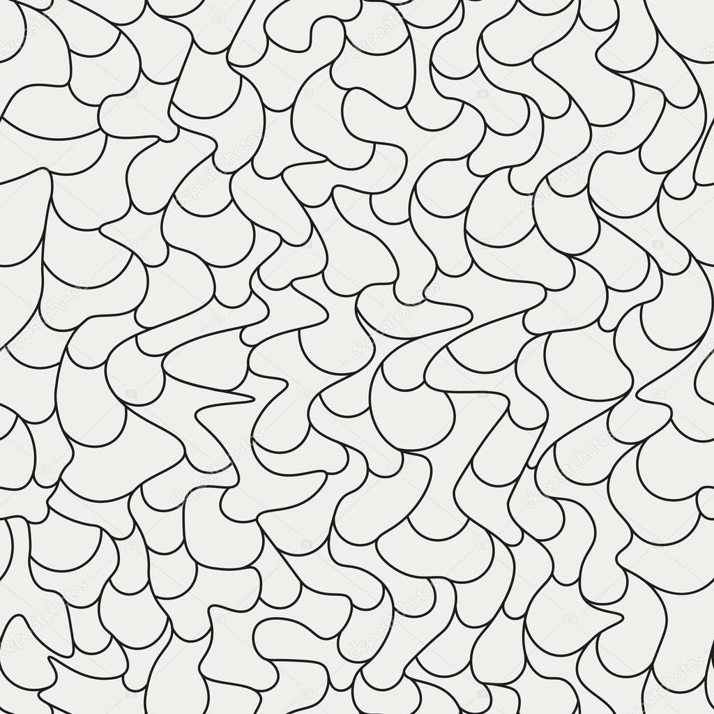 Monochrome mosaic grid with undulating cells. Pavement puzzle seamless pattern.