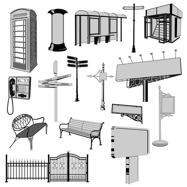 收集城市家具矢量剪影 伦敦电话亭 广告牌 公共汽车站 报纸展台 — 图库矢量图片