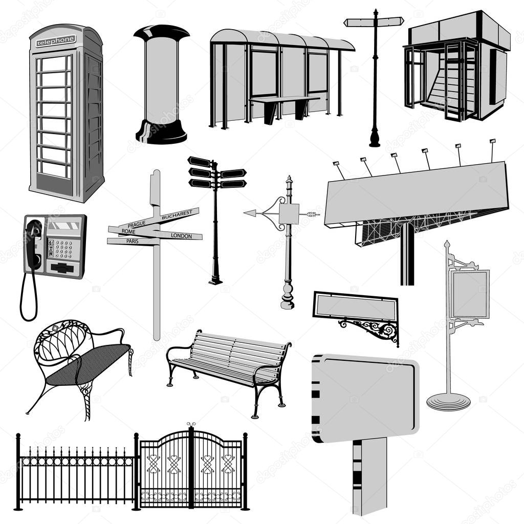 Collection of urban furniture vector silhouette. London phone booth, road signs, unipole, billboard, bus stop, bench, newspaper stand.