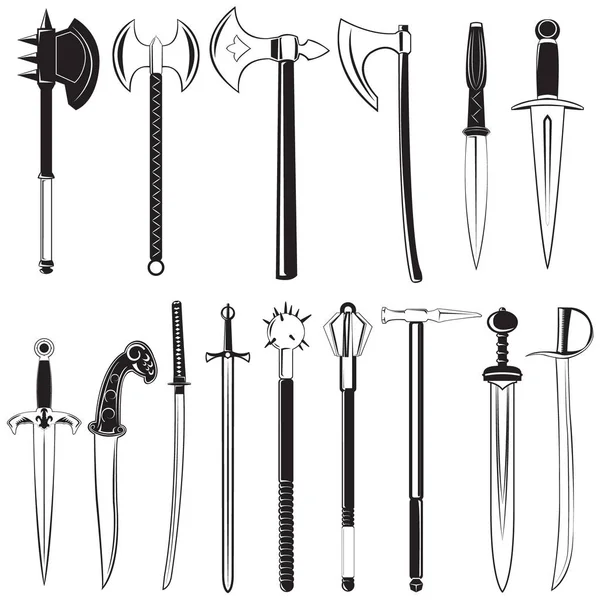 Eski silah kümesi. Ortaçağ vektör silah: balta, kata-na, topuz, poleaxe, kılıç.