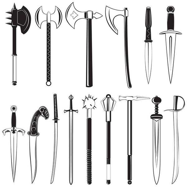 Ancient armament set. Medieval vector weapons: axe, kata-na, mace, poleaxe, sword.