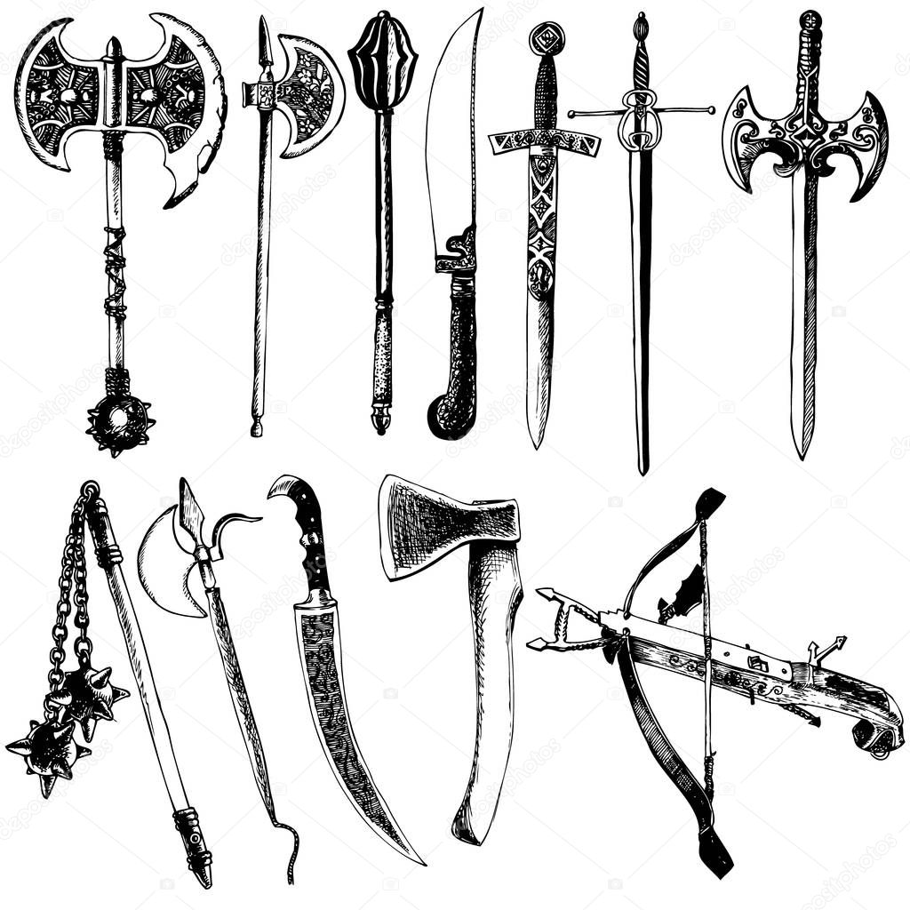 Medieval weapons vector set. Axe, sword, billhook, crossbow, claymore, halberd, flail, flanged mace, spiked mace.