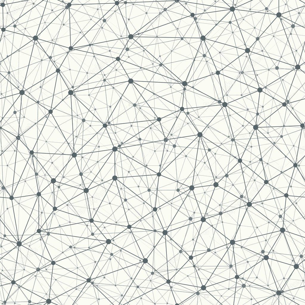 Repetitive bionic connection vector background with dots in nodes. Molecule connection with 3D effect. Monochrome seamless pattern.
